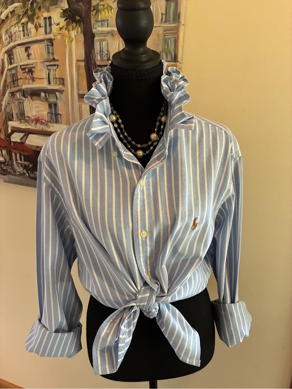 Ralph Lauren Blue and White Striped Tie-Front Button Down Shirt
